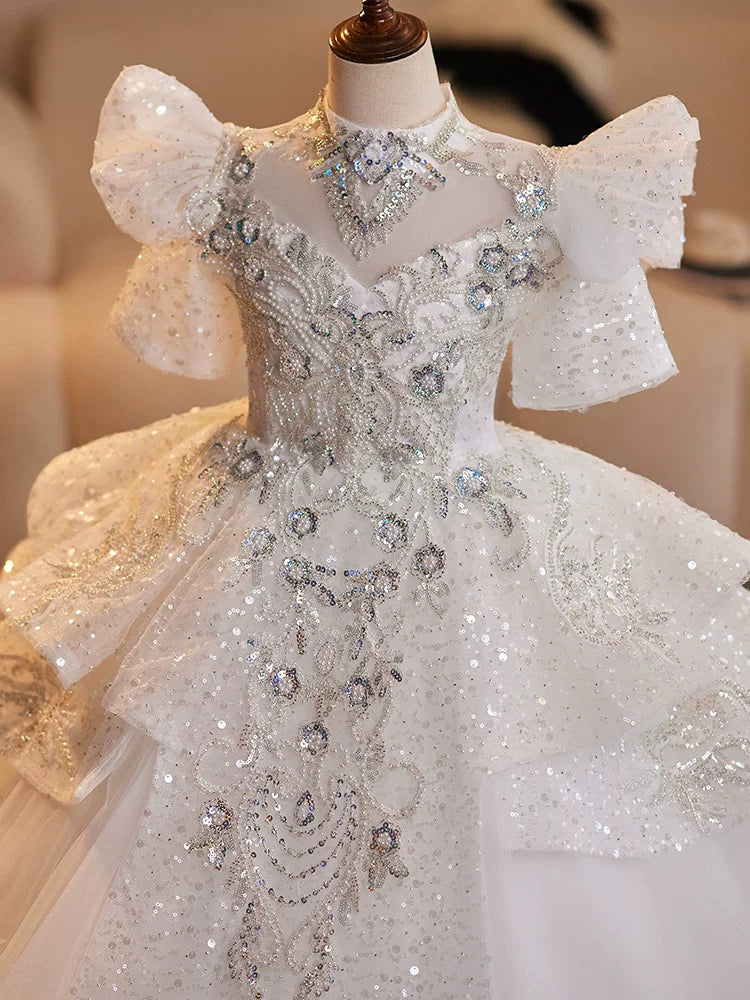 Girls' White A-Line Maxi Princess Dress with Sequins and Tulle