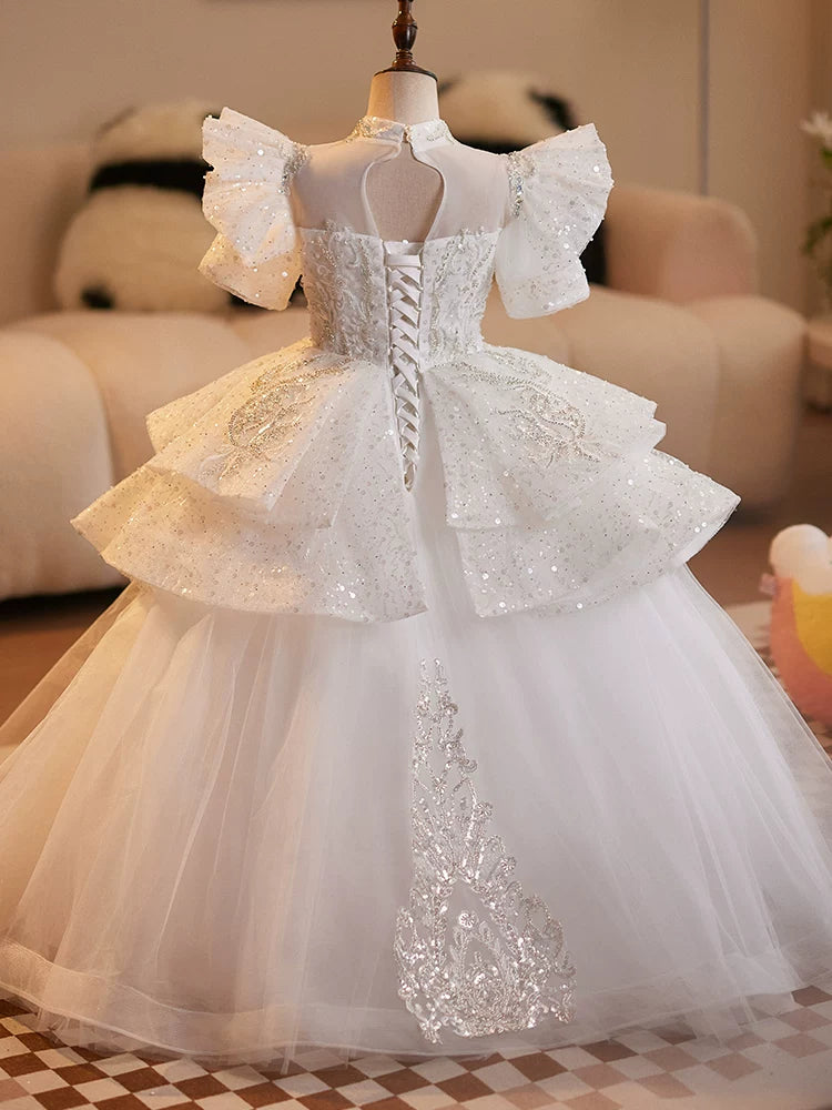 Girls' White A-Line Maxi Princess Dress with Sequins and Tulle