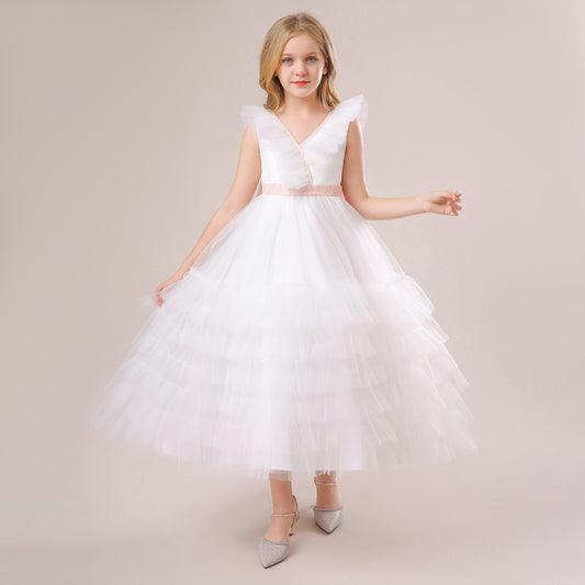 White Tulle A-Line Flower Girl Dress with Lace & Bowknot – Cute Kids Party Gown
