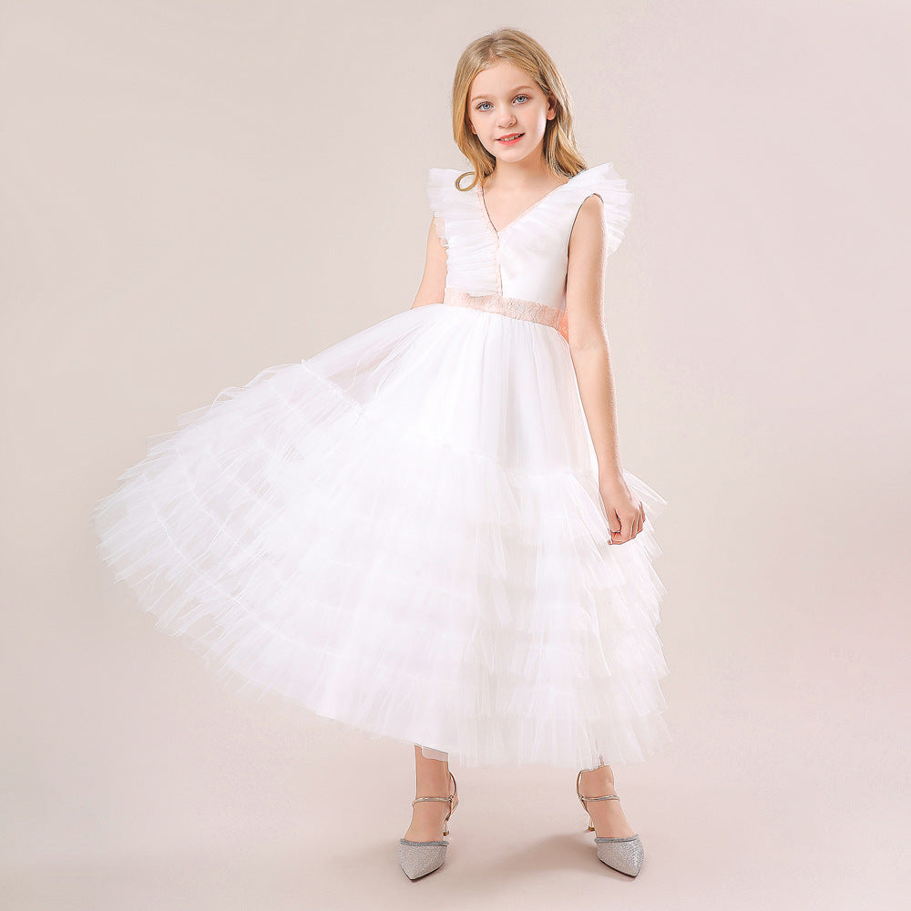 White Tulle A-Line Flower Girl Dress with Lace & Bowknot – Cute Kids Party Gown