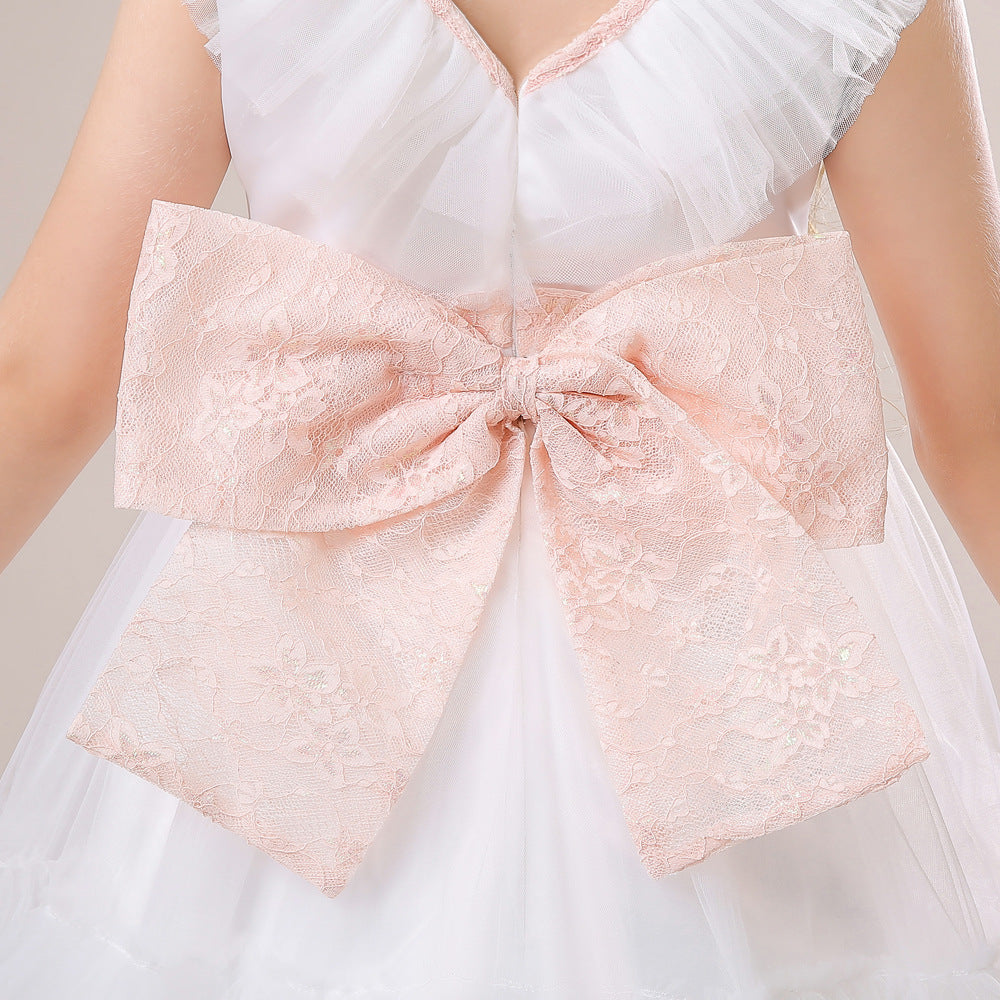 White Tulle A-Line Flower Girl Dress with Lace & Bowknot – Cute Kids Party Gown