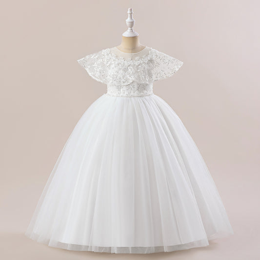White Girls' Maxi Tulle Dress with Sequins – Flower Girl & Party Gown
