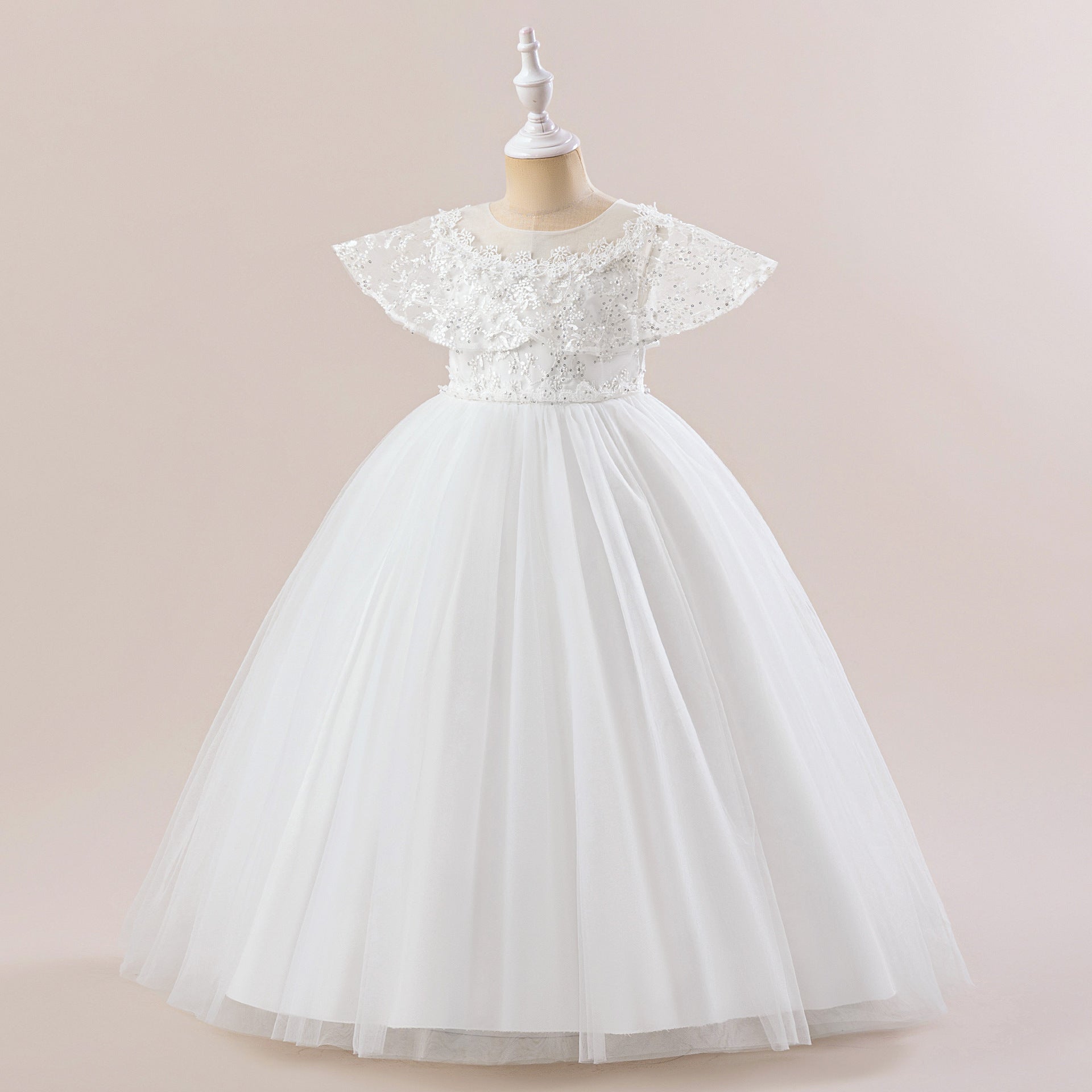 White Girls' Maxi Tulle Dress with Sequins – Flower Girl & Party Gown