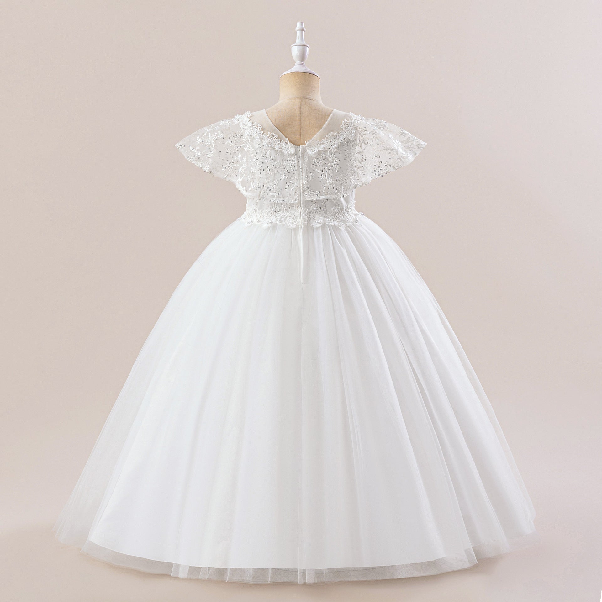 White Girls' Maxi Tulle Dress with Sequins – Flower Girl & Party Gown