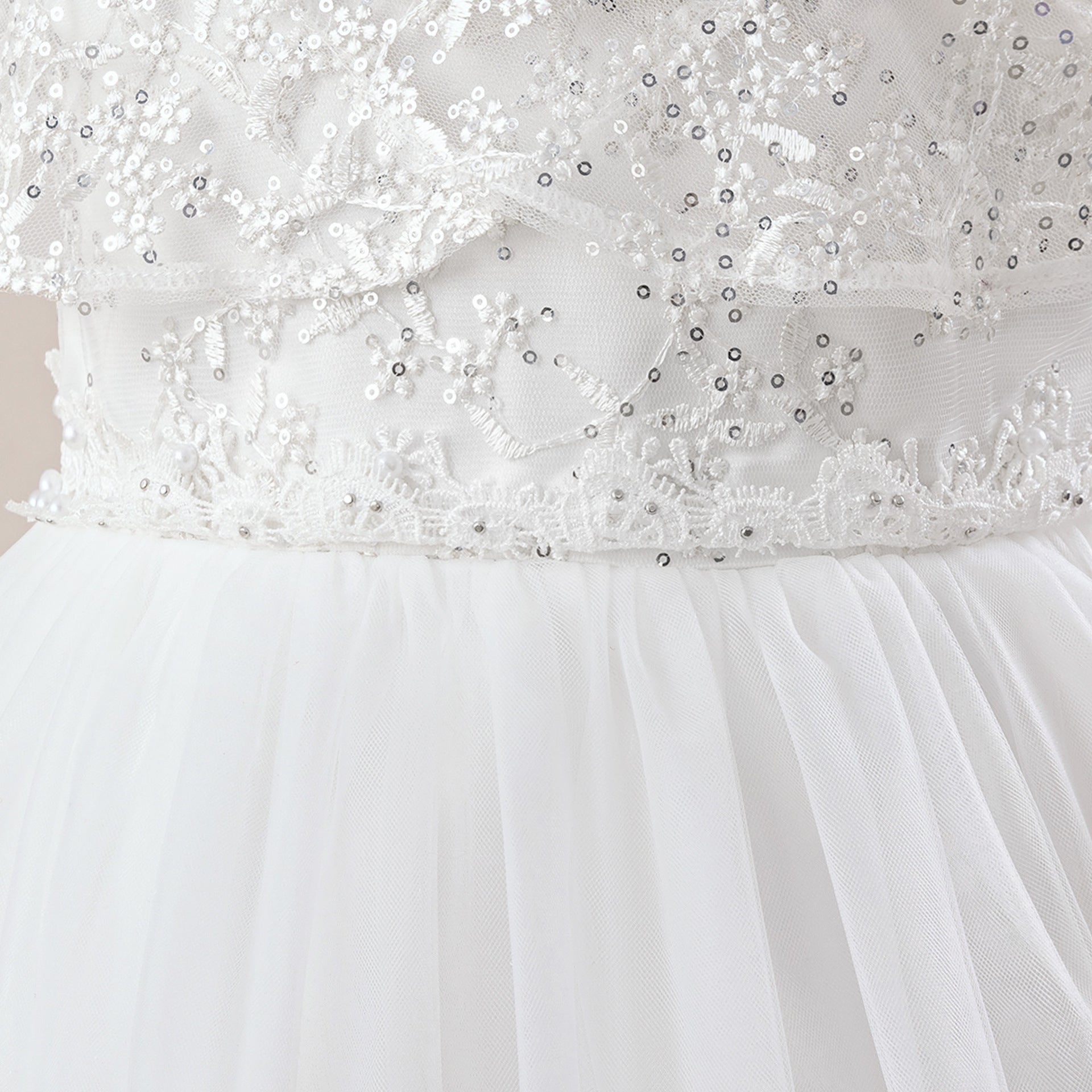 White Girls' Maxi Tulle Dress with Sequins – Flower Girl & Party Gown