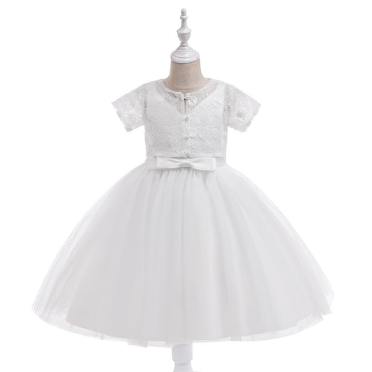 Girls White Tulle A-Line Princess Dress - Lace, Sequins & Bow | Cute Flower Girl & Party Dress