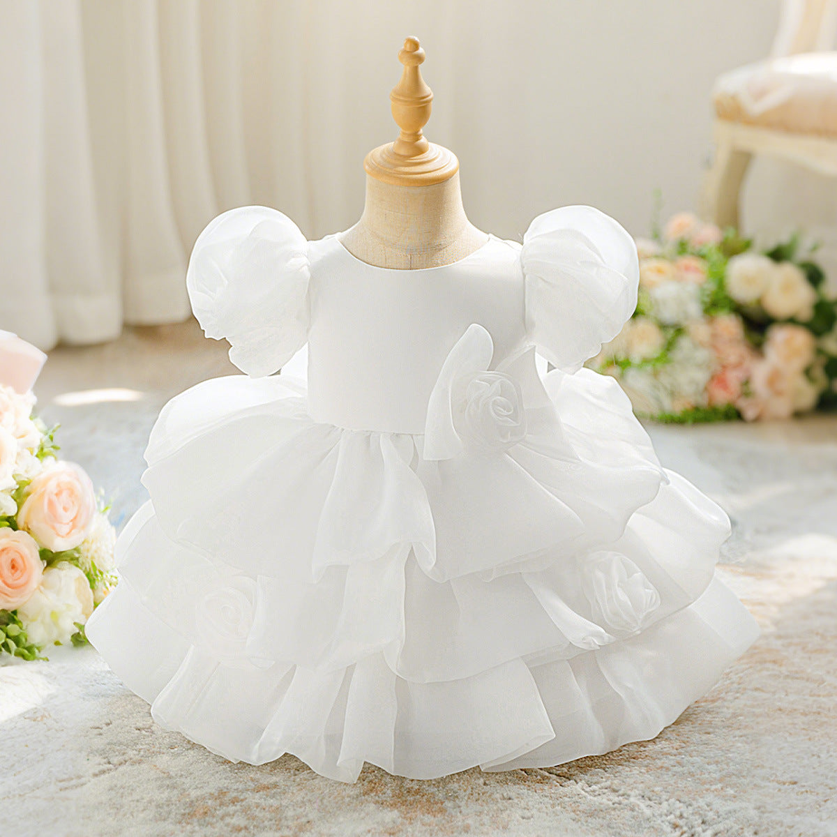 Frocklet White Puffy Tulle Flower Girl Dress with Bow for Toddlers | Princess Ball Gown Tea Length 1
