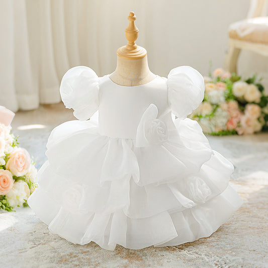 White Puffy Tulle Flower Girl Dress with Bow for Toddlers | Princess Ball Gown Tea Length