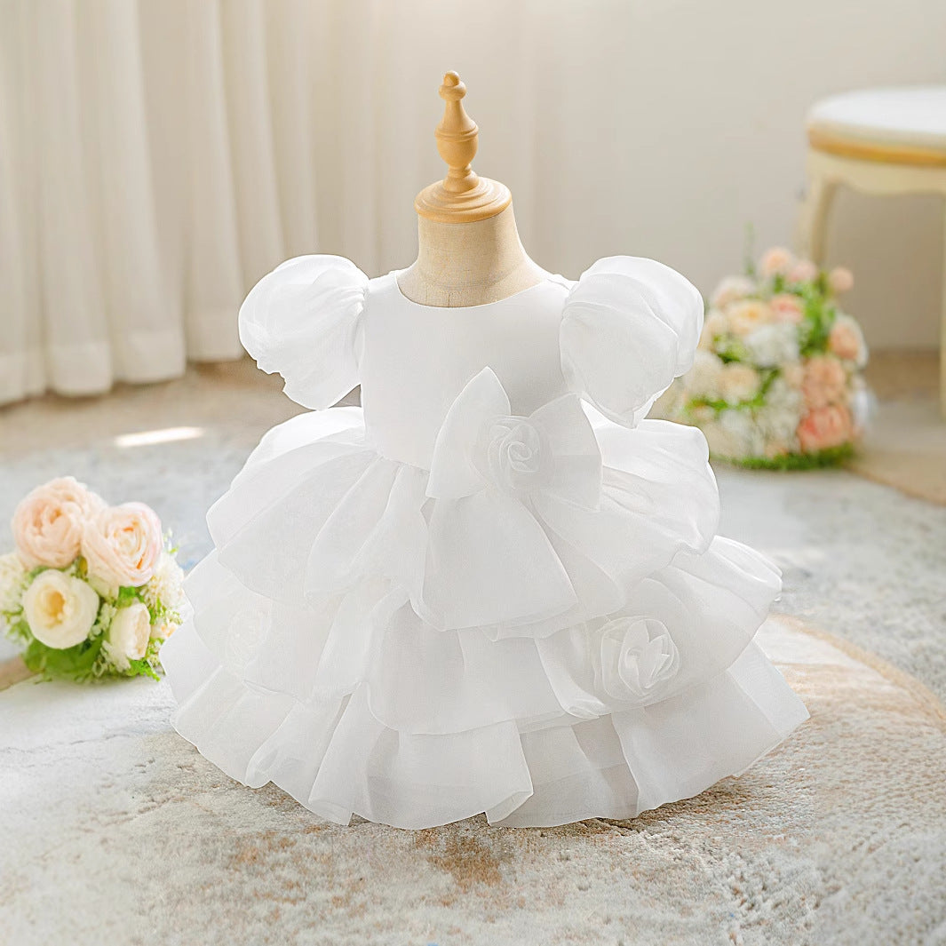 Frocklet White Puffy Tulle Flower Girl Dress with Bow for Toddlers | Princess Ball Gown Tea Length 2