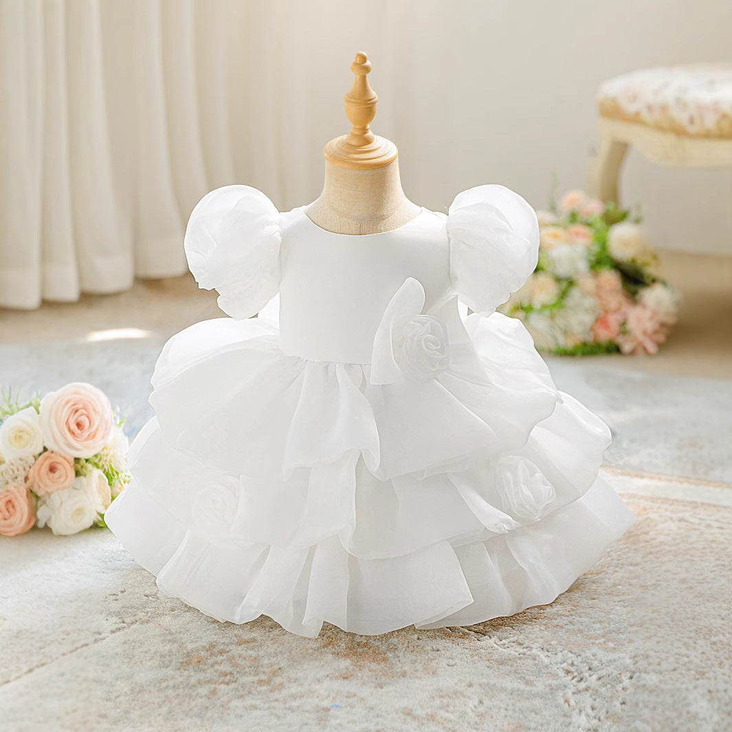 Frocklet White Puffy Tulle Flower Girl Dress with Bow for Toddlers | Princess Ball Gown Tea Length 3