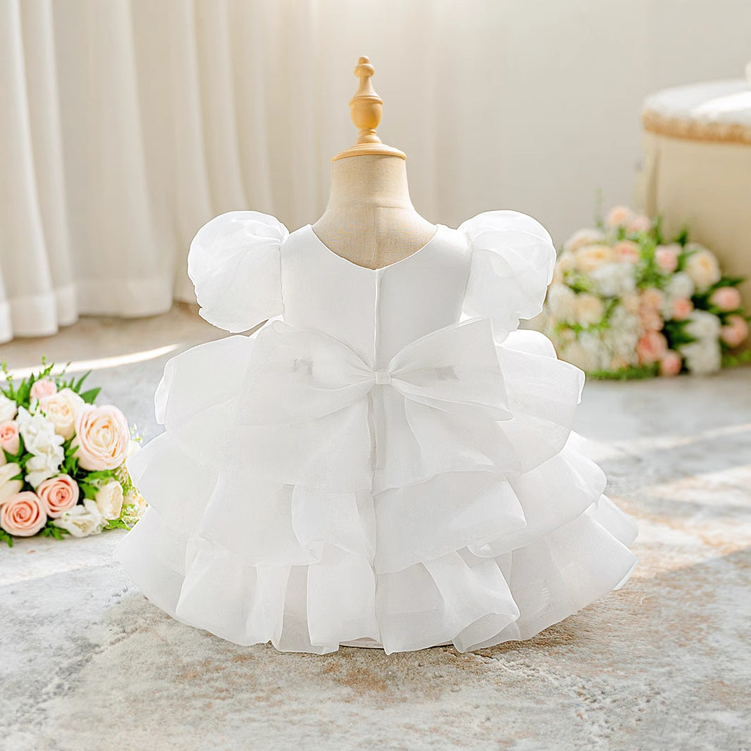 Frocklet White Puffy Tulle Flower Girl Dress with Bow for Toddlers | Princess Ball Gown Tea Length 4