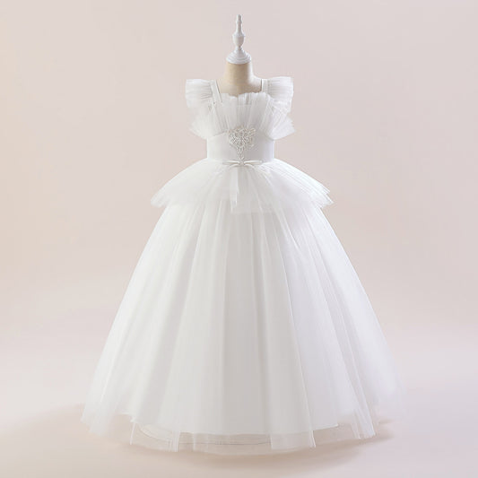 Cute A-Line White Tulle Maxi Dress for Girls—Flower Girl & Party Gown (5-12Y)