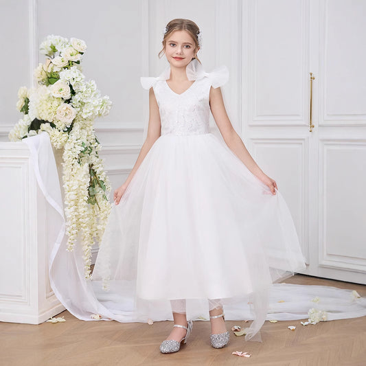 White Tulle A-Line Princess Dress with Sequins for Girls (Ages 5-13)