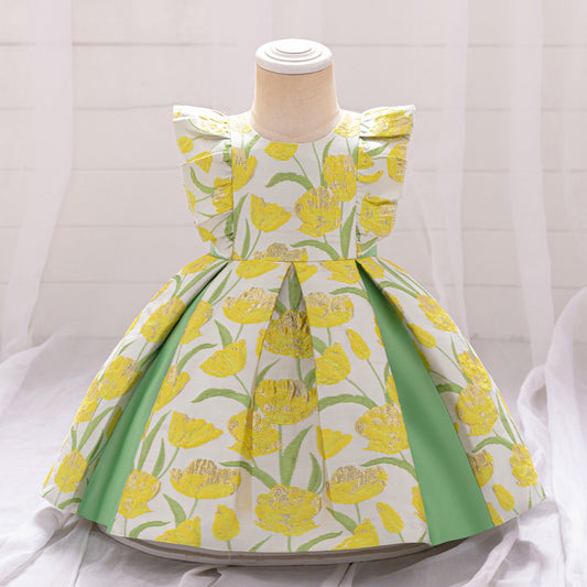 Yellow Floral Baby Ball Gown Dress with Flutter Sleeves for Parties & Celebrations