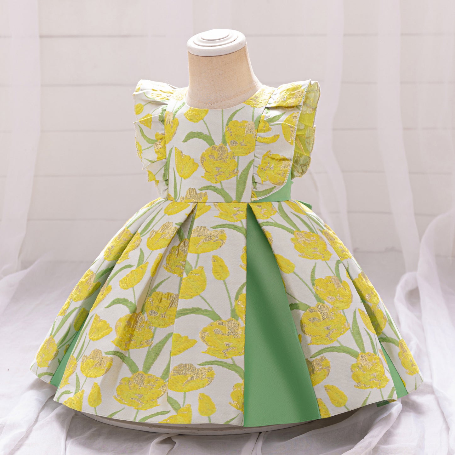 Yellow Floral Baby Ball Gown Dress with Flutter Sleeves for Parties & Celebrations