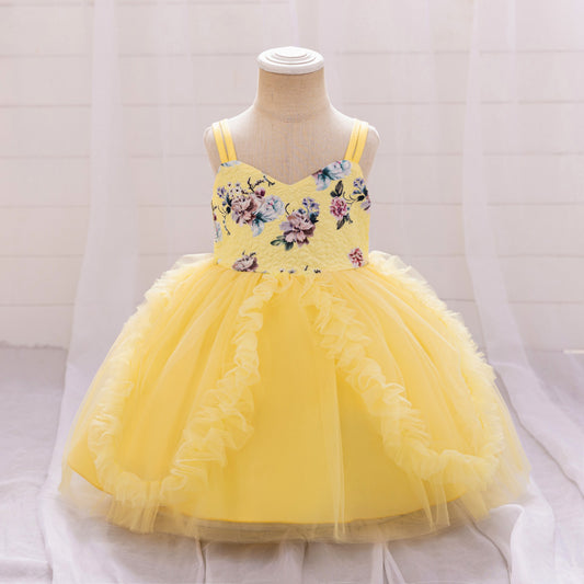 Yellow Floral Princess Dress for Girls | Cute A-line Tulle Tea Length Party Gown