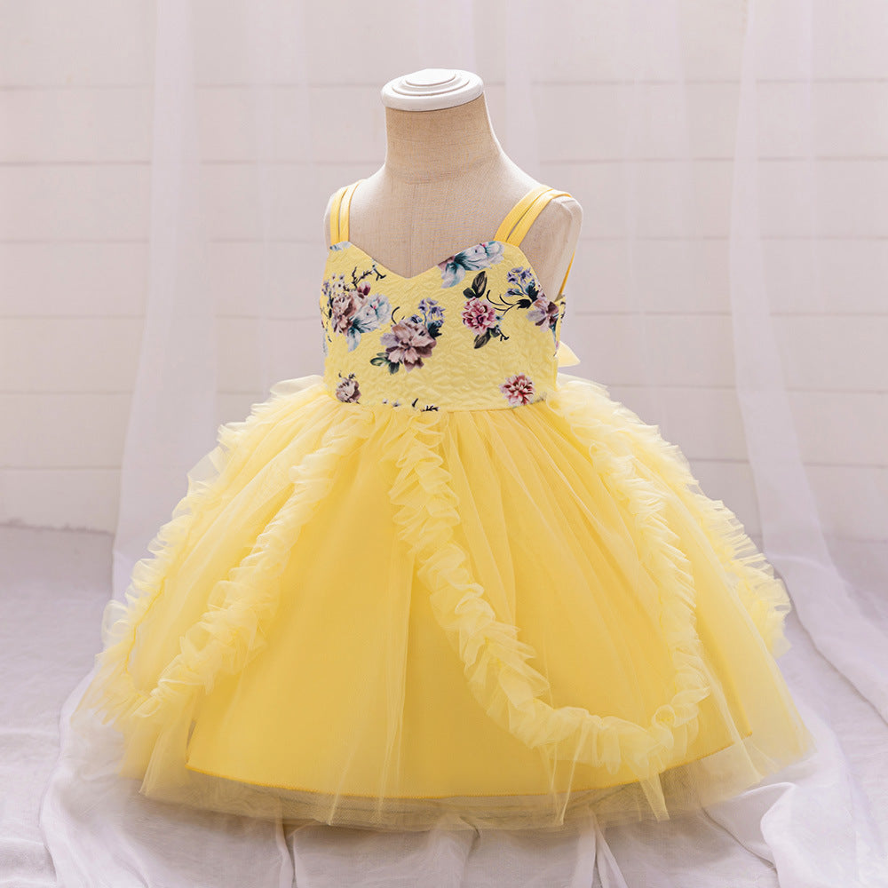 Yellow Floral Princess Dress for Girls | Cute A-line Tulle Tea Length Party Gown