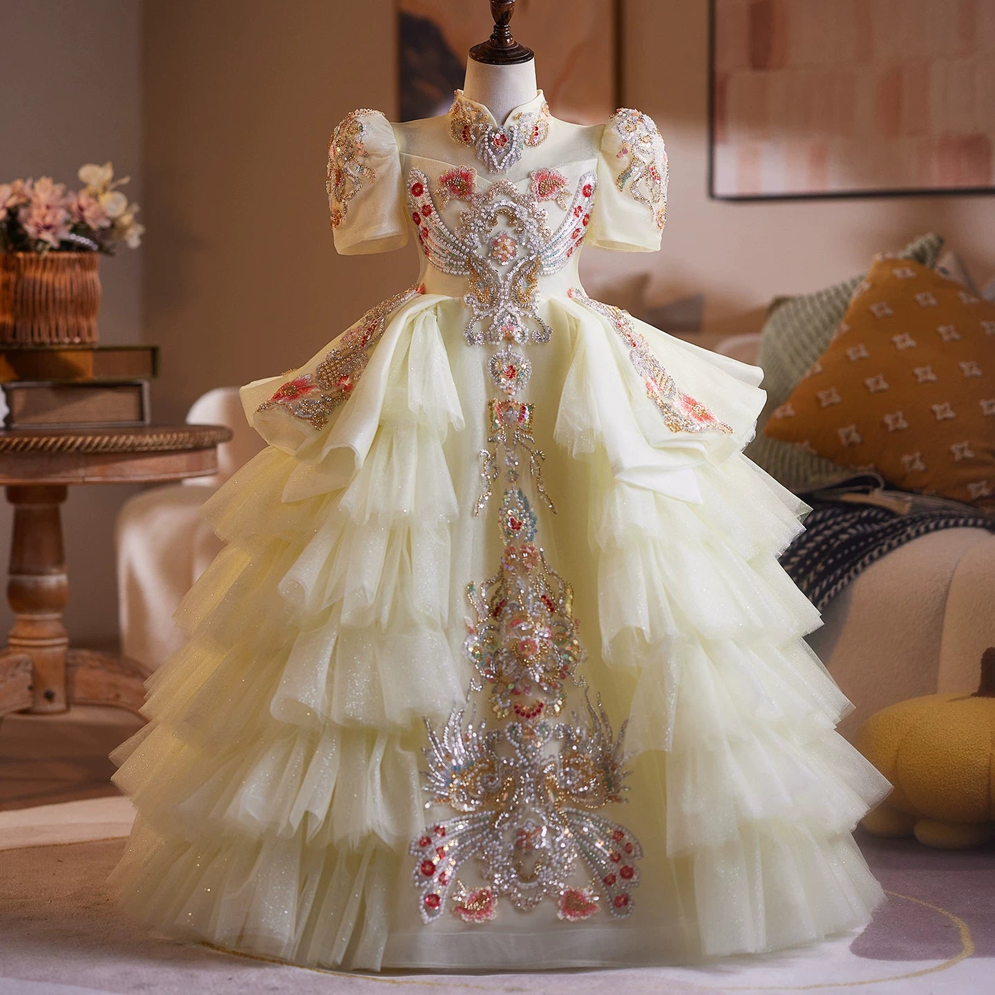 Yellow Princess Maxi Dress for Girls – Tulle, Floral & Sequins | Fairy Style Party Gown