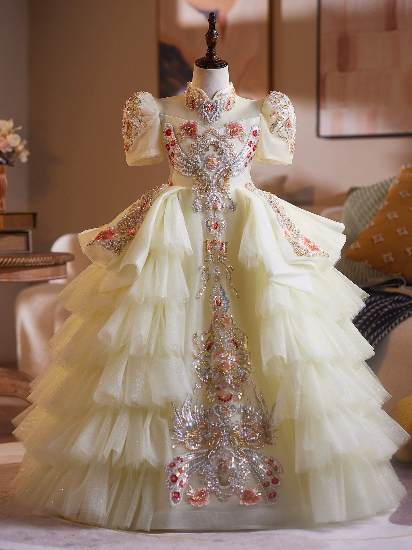 Yellow Princess Maxi Dress for Girls – Tulle, Floral & Sequins | Fairy Style Party Gown