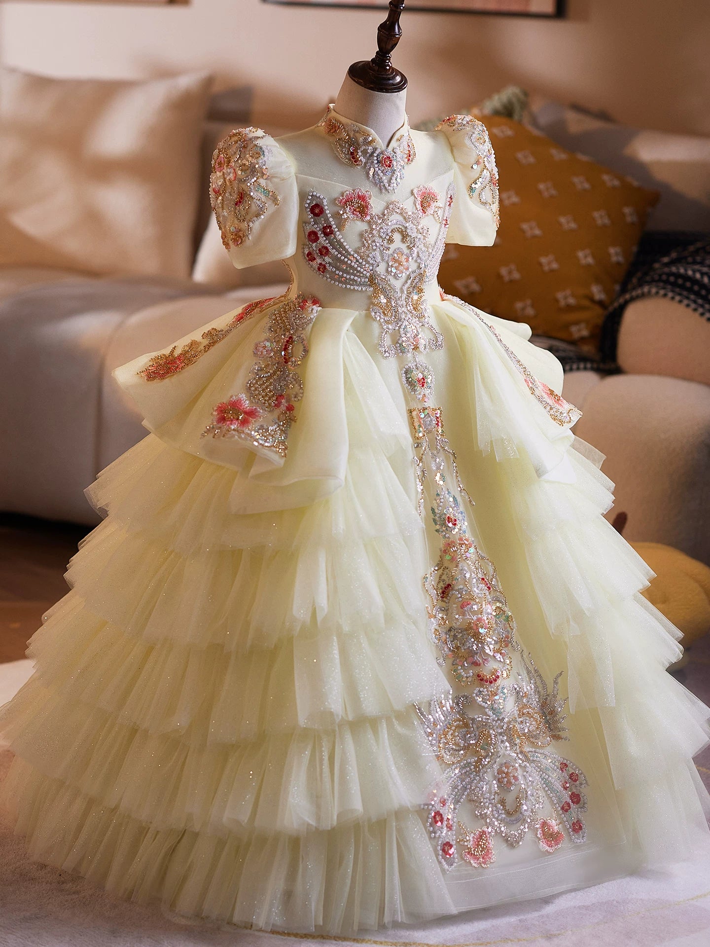 Yellow Princess Maxi Dress for Girls – Tulle, Floral & Sequins | Fairy Style Party Gown