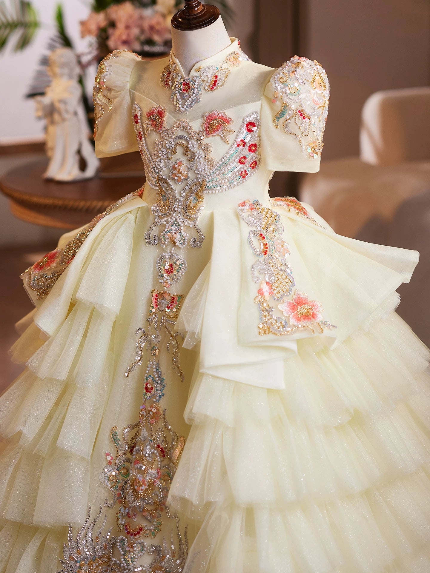 Yellow Princess Maxi Dress for Girls – Tulle, Floral & Sequins | Fairy Style Party Gown