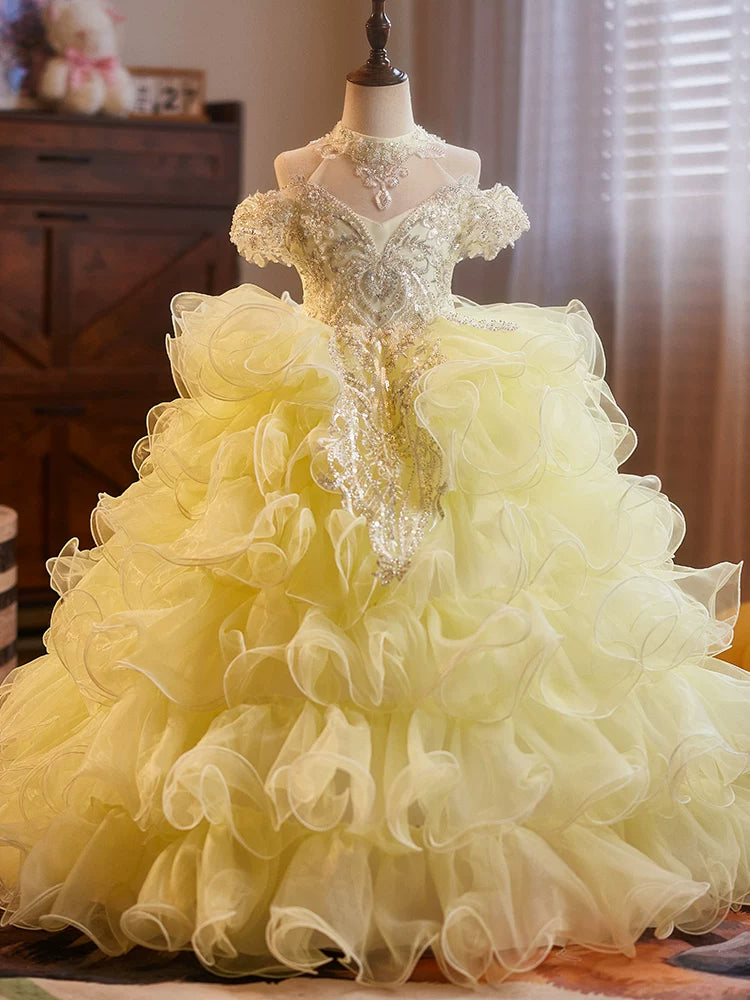 Yellow Sequined Maxi Tulle Dress for Girls - Party, Wedding & Photo Shoot