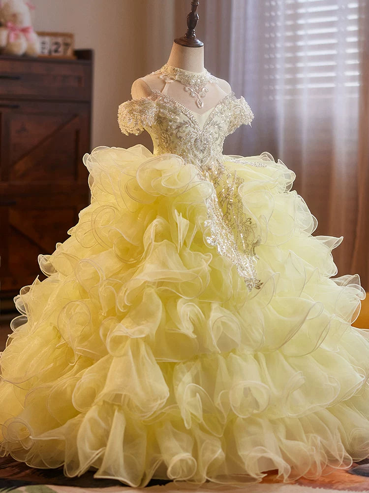 Yellow Sequined Maxi Tulle Dress for Girls - Party, Wedding & Photo Shoot