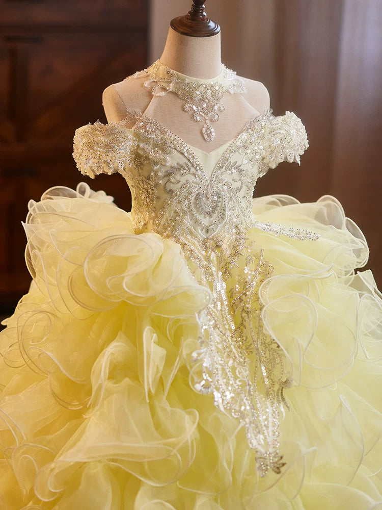 Yellow Sequined Maxi Tulle Dress for Girls - Party, Wedding & Photo Shoot