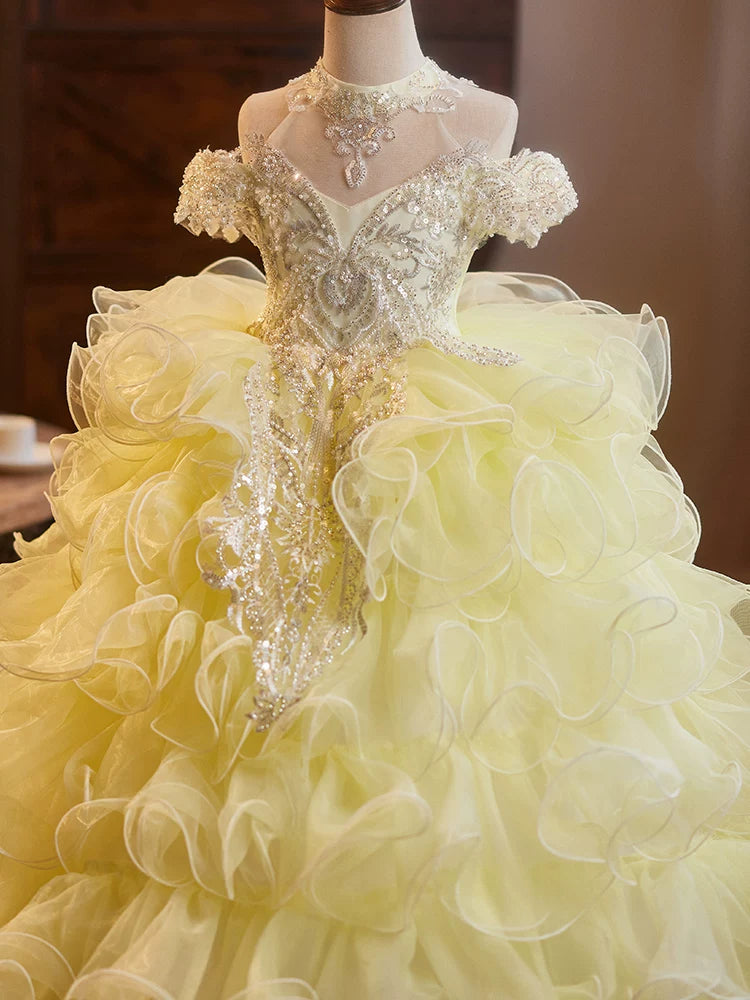 Yellow Sequined Maxi Tulle Dress for Girls - Party, Wedding & Photo Shoot