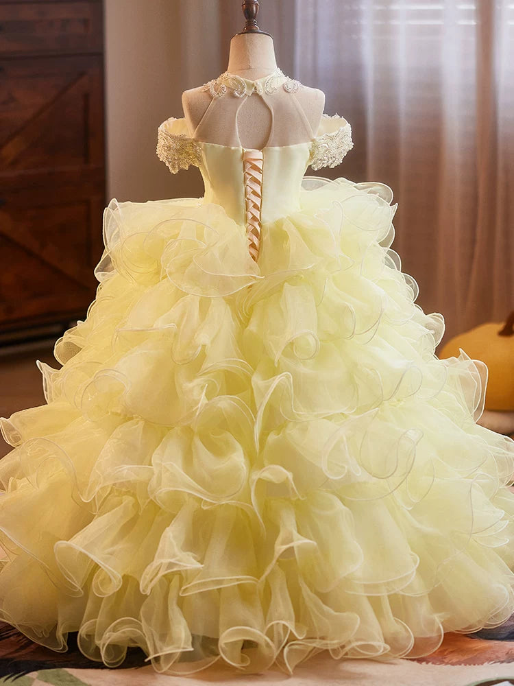 Yellow Sequined Maxi Tulle Dress for Girls - Party, Wedding & Photo Shoot