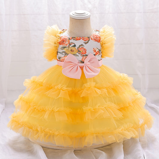 Yellow Tulle Baby Party Dress with Bow & Floral Print (9-24 Months)