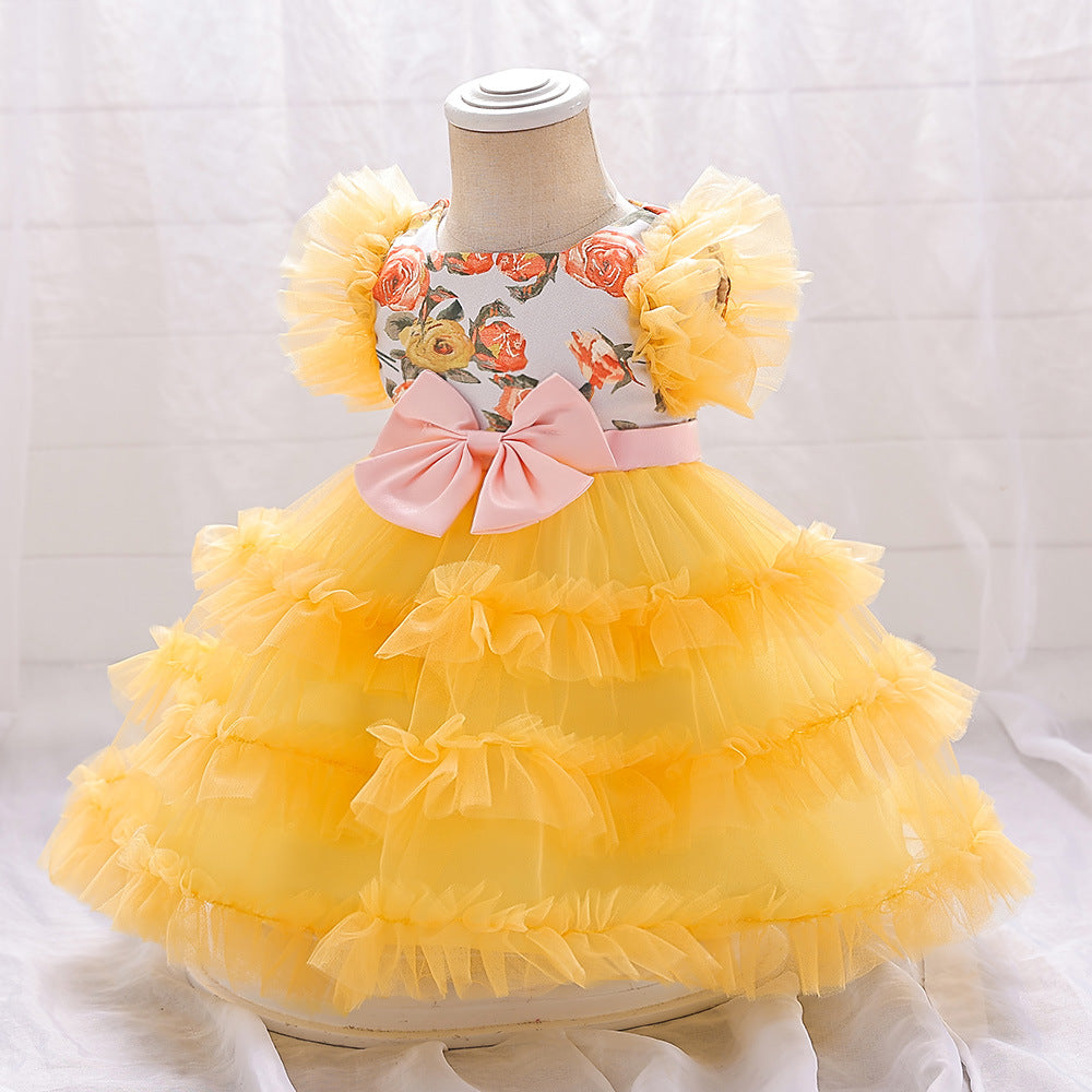 Yellow Tulle Baby Party Dress with Bow & Floral Print (9-24 Months)