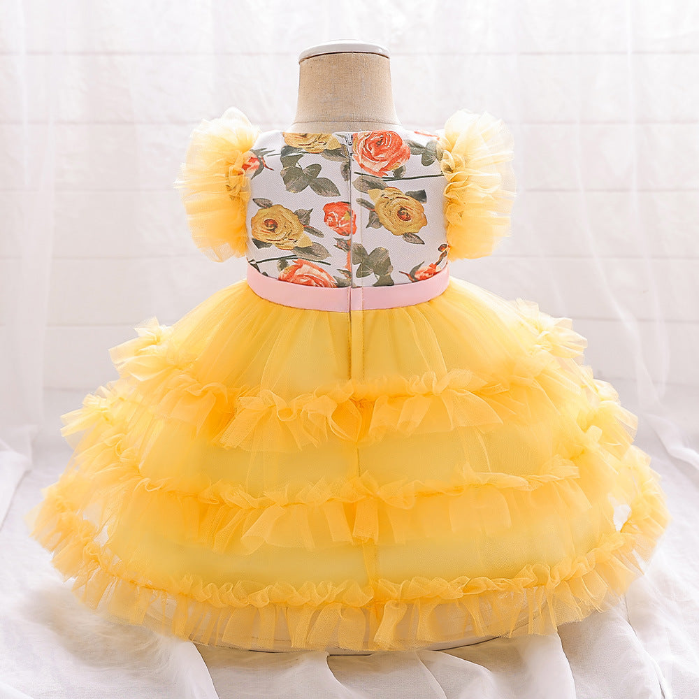Yellow Tulle Baby Party Dress with Bow & Floral Print (9-24 Months)