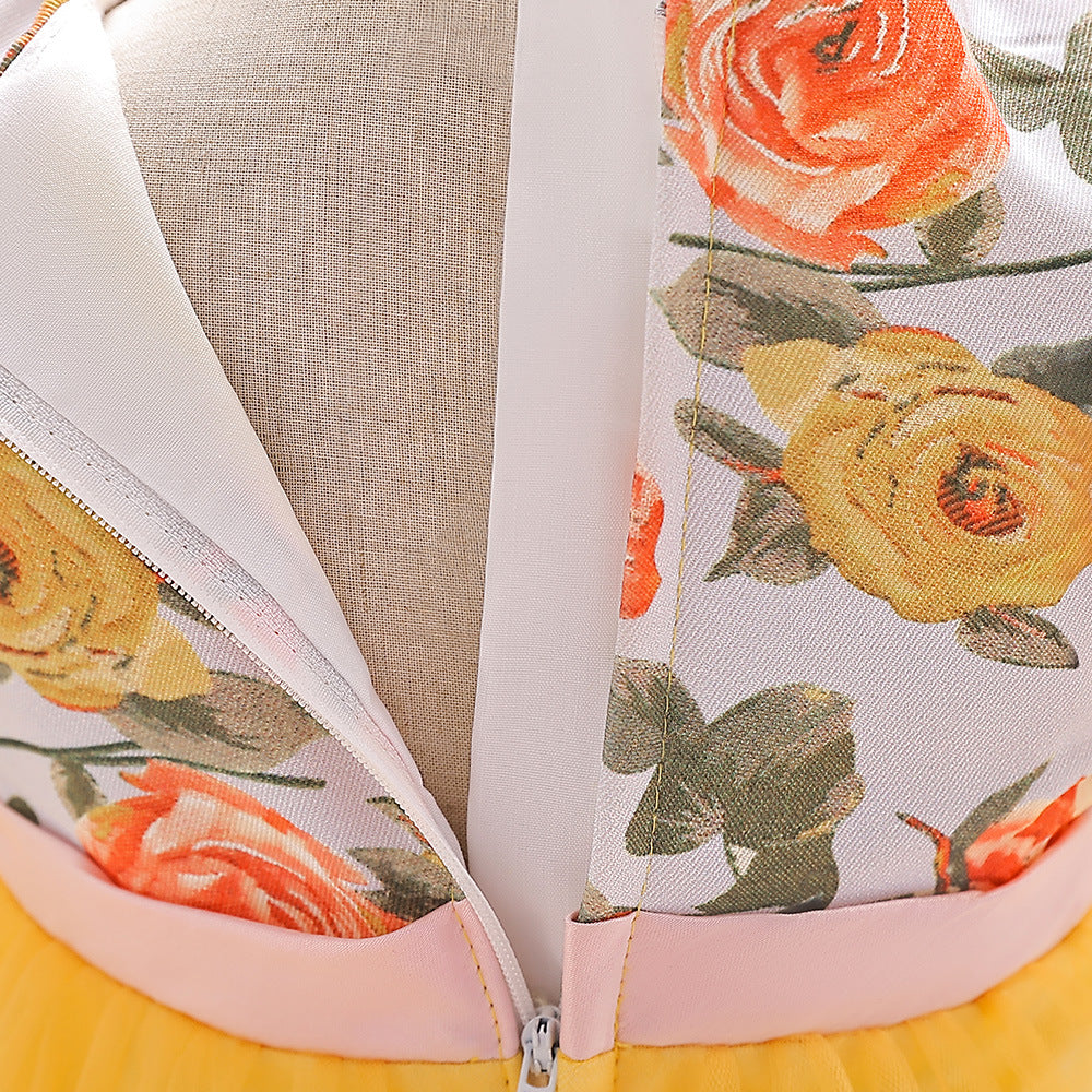 Yellow Tulle Baby Party Dress with Bow & Floral Print (9-24 Months)