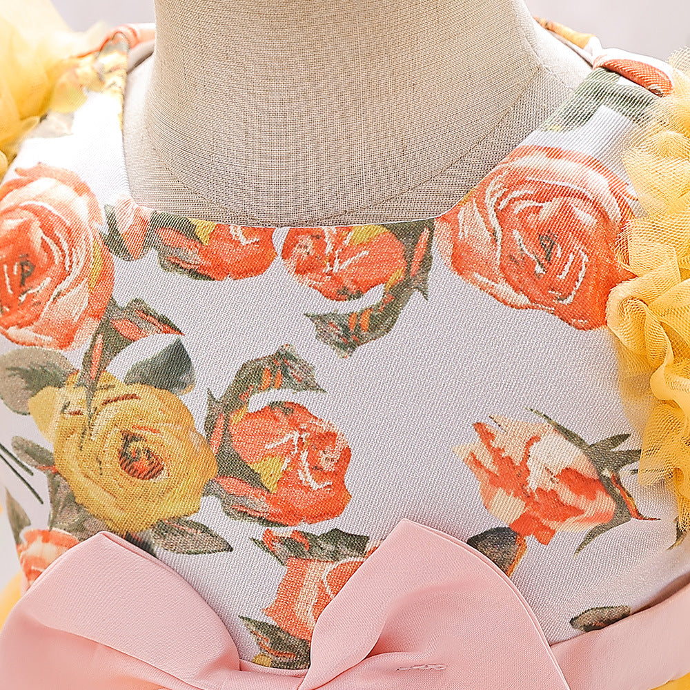 Yellow Tulle Baby Party Dress with Bow & Floral Print (9-24 Months)