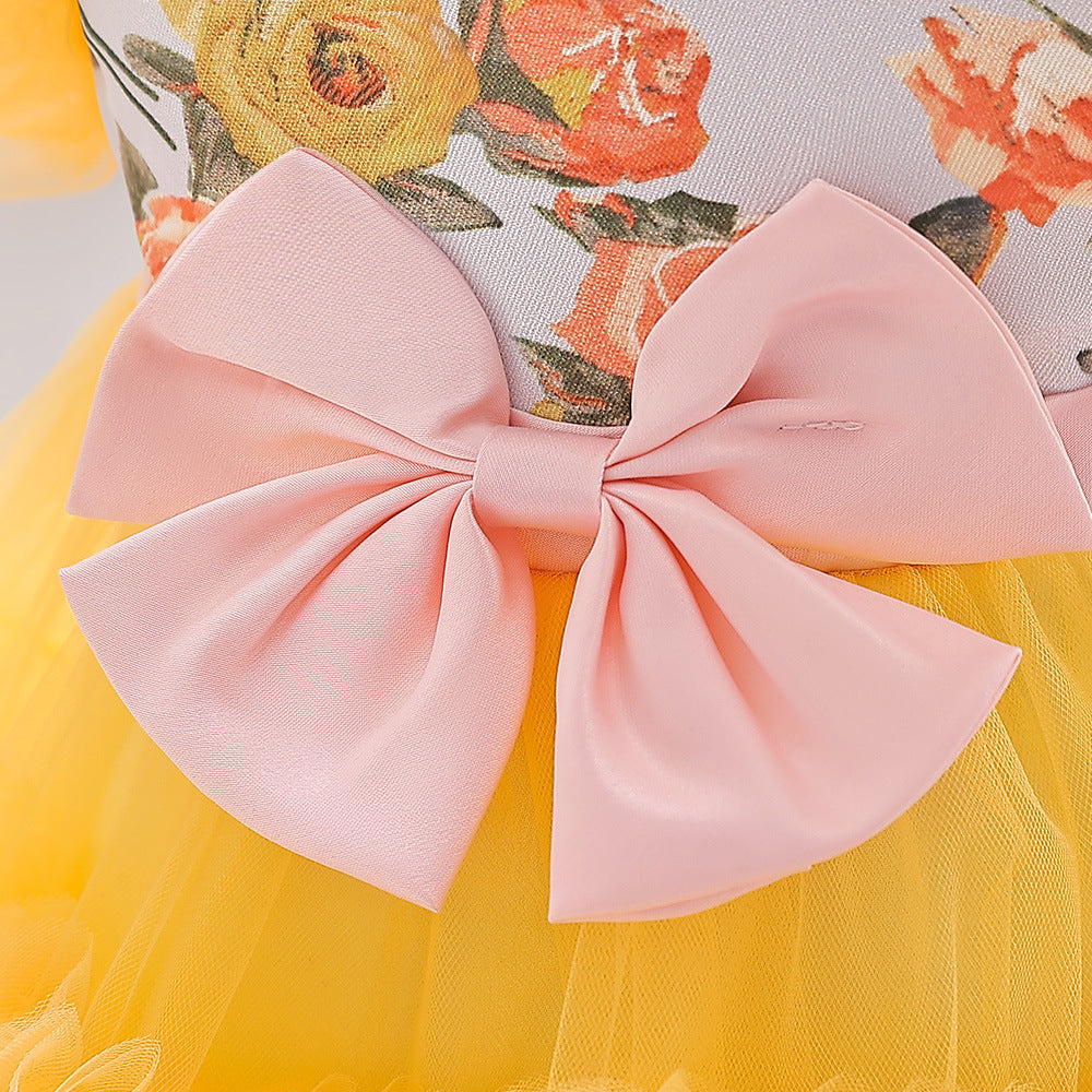 Yellow Tulle Baby Party Dress with Bow & Floral Print (9-24 Months)