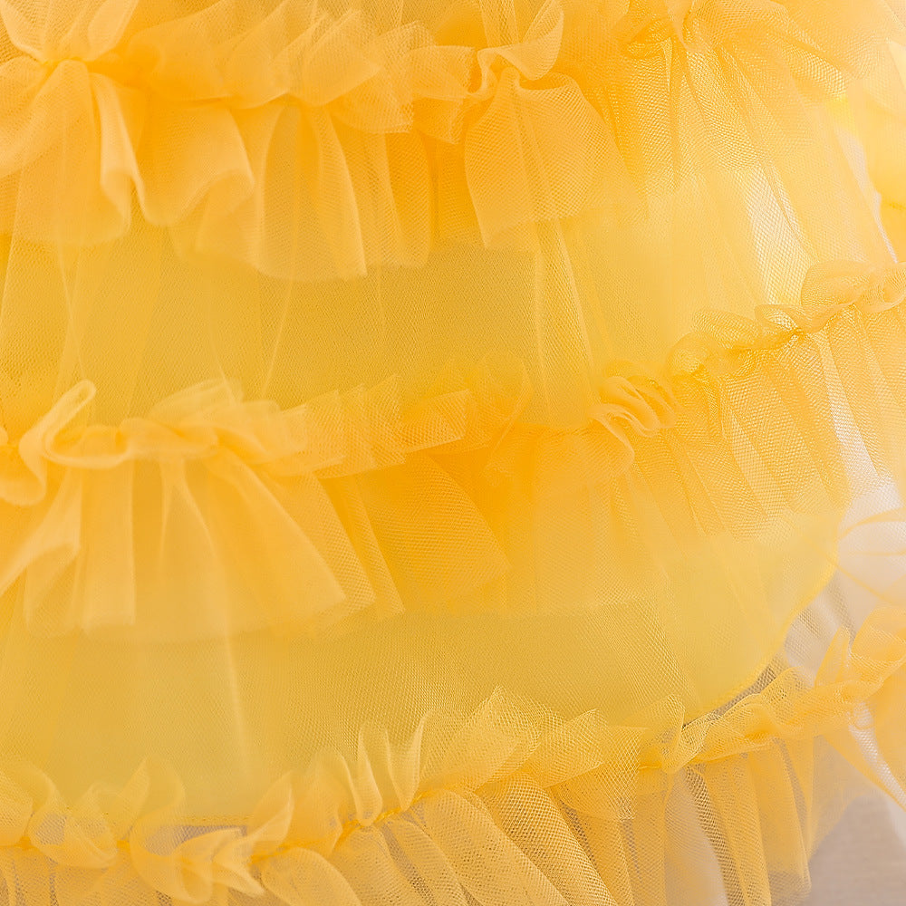 Yellow Tulle Baby Party Dress with Bow & Floral Print (9-24 Months)